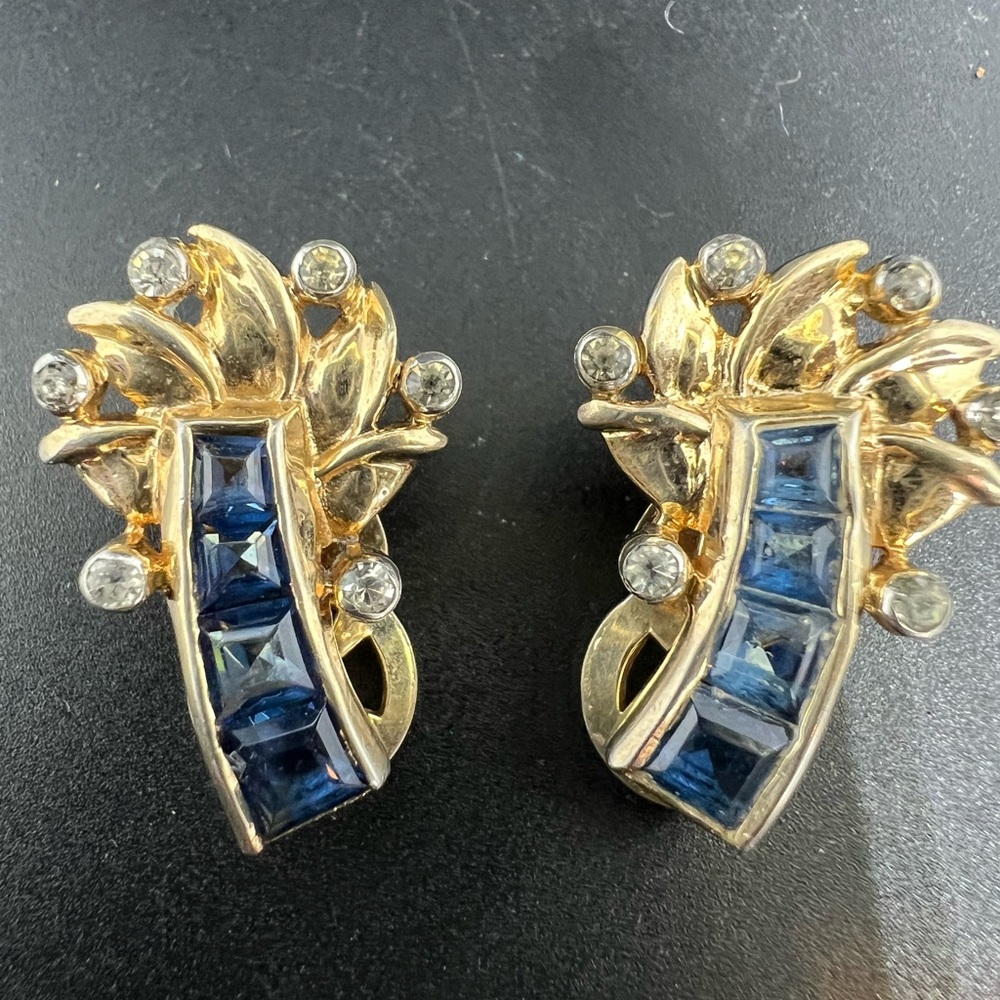 Signed Mazer Blue Sapphire Rhinestones Gold toned Earrings